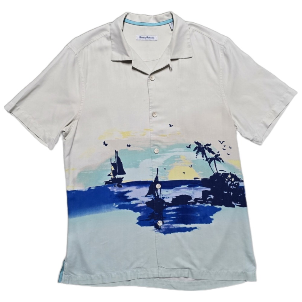 Tommy Bahama Silk Shirt Mens M Cream Hawaiian Sunset Sails Holiday Camp